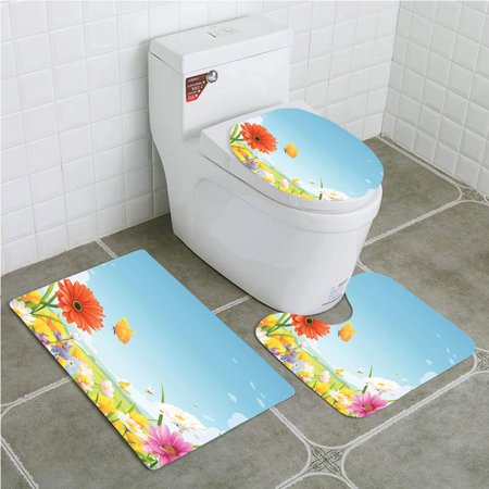 GOHAO Summer Flowers 3 Piece Bathroom Rugs Set Bath Rug Contour Mat and Toilet Lid Cover