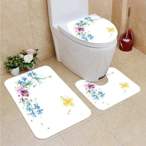 GOHAO Summer Herbs Meadow Butterfly Floral White Flannel Bath Rugs, 3' x 2' (3 Pieces)