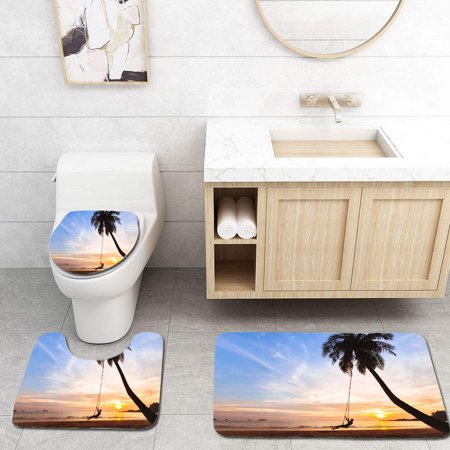 GOHAO Summer Holidays Happy Woman on Beach Swing 3 Piece Bathroom Rugs Set Bath Rug Contour Mat and Toilet Lid Cover