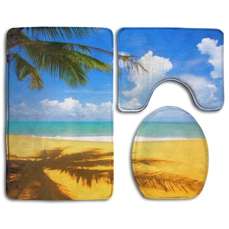 GOHAO Summer Sunlight Beach Palm Tree Blue Clear Sky Art 3 Piece Bathroom Rugs Set Bath Rug Contour Mat and Toilet Lid Cover