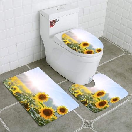 GOHAO Summer time Three Sunflowers at Dawn 3 Piece Bathroom Rugs Set Bath Rug Contour Mat and Toilet Lid Cover