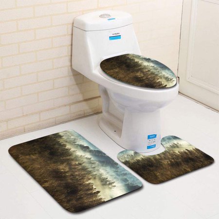 GOHAO Sun Fogs a Forest a Mountain 3 Piece Bathroom Rugs Set Bath Rug Contour Mat and Toilet Lid Cover