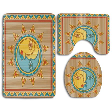 GOHAO Sun and Moon Traditional Day and Night Allegory Square Frame Borders Aboriginal Pagan Art 3 Piece Bathroom Rugs Set Bath Rug Contour Mat and Toilet Lid Cover