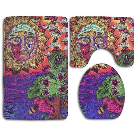 GOHAO Sun Tree Graffiti 3 Piece Bathroom Rugs Set Bath Rug Contour Mat and Toilet Lid Cover