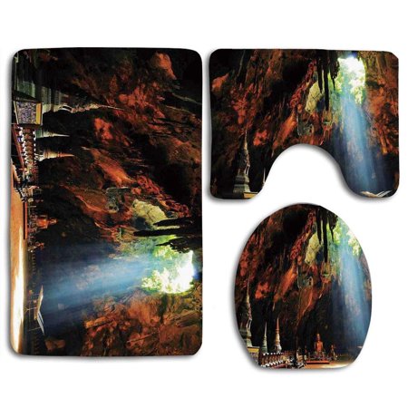 GOHAO Sunbeam in Religious Cave Temple Tham Khao Luang Near Phetchaburi Thailand 3 Piece Bathroom Rugs Set Bath Rug Contour Mat and Toilet Lid Cover