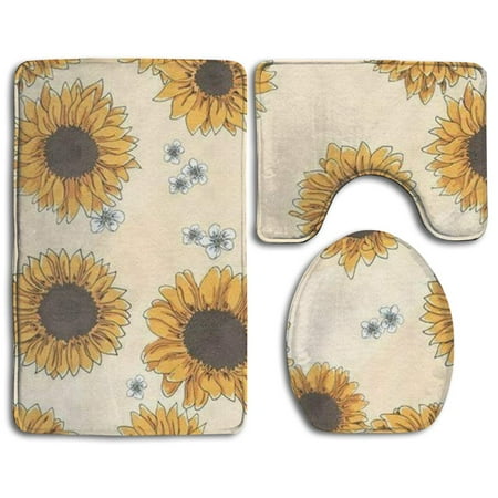 GOHAO Sunflower 3 Piece Bathroom Rugs Set Bath Rug Contour Mat and Toilet Lid Cover