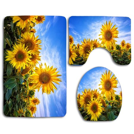 GOHAO Sunflowers Bumblebees 3 Piece Bathroom Rugs Set Bath Rug Contour Mat and Toilet Lid Cover