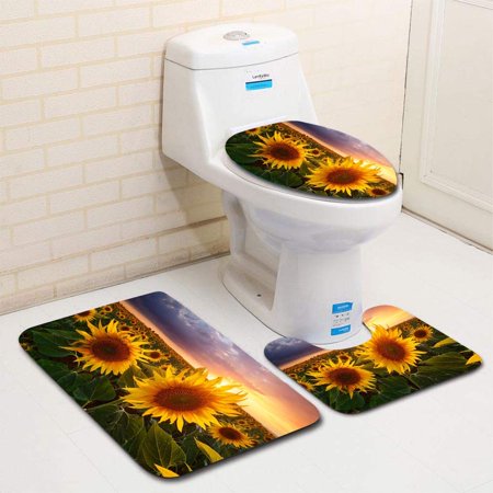 GOHAO Sunflowers Field 3 Piece Bathroom Rugs Set Bath Rug Contour Mat and Toilet Lid Cover