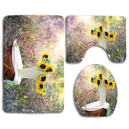 GOHAO Sunflowers Vase Fall Bouquet Flowers 3 Piece Bathroom Rugs Set Bath Rug Contour Mat and Toilet Lid Cover