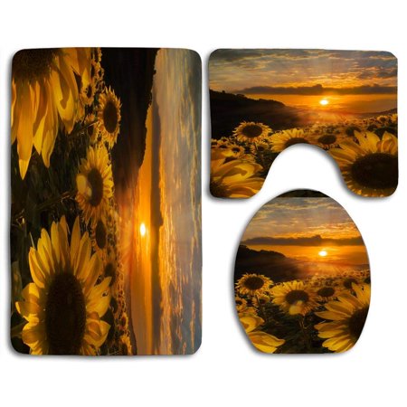 GOHAO Sunflowers in Sunset 3 Piece Bathroom Rugs Set Bath Rug Contour Mat and Toilet Lid Cover