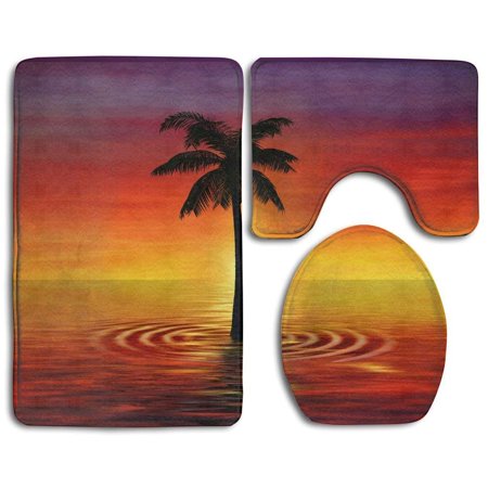 GOHAO Sunset Coconut Trees On Sea 3 Piece Bathroom Rugs Set Bath Rug Contour Mat and Toilet Lid Cover
