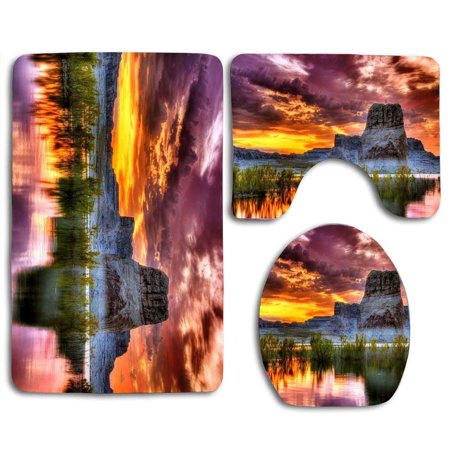 GOHAO Sunset Mountains Lakes 3 Piece Bathroom Rugs Set Bath Rug Contour Mat and Toilet Lid Cover