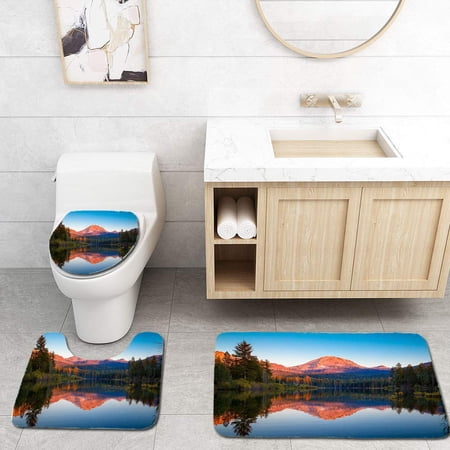 GOHAO Sunset at Lassen Peak Reflection on Manzanita Lake 3 Piece Bathroom Rugs Set Bath Rug Contour Mat and Toilet Lid Cover