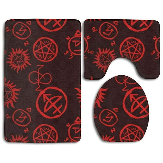 GOHAO Supernatural Symbols Red 3 Piece Bathroom Rugs Set Bath Rug Contour Mat and Toilet Lid Cover