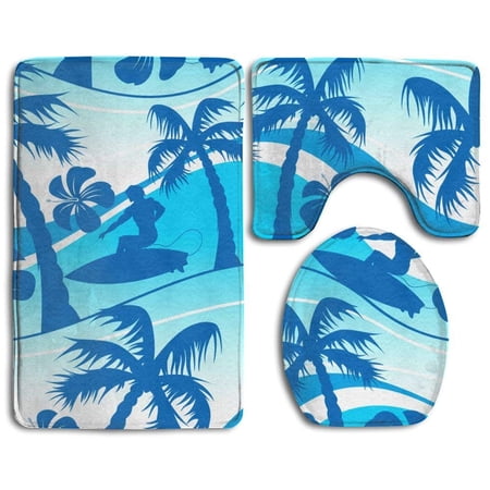 GOHAO Surfer Palm Tree 3 Piece Bathroom Rugs Set Bath Rug Contour Mat and Toilet Lid Cover