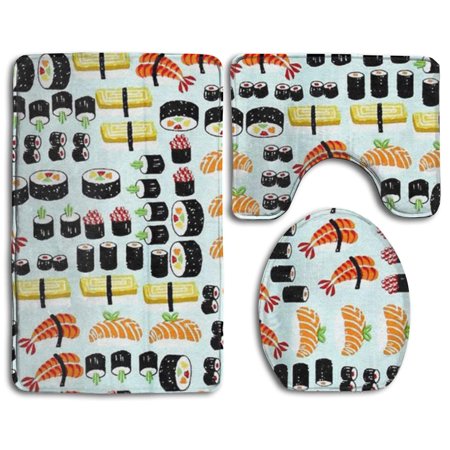 GOHAO Sushi 3 Piece Bathroom Rugs Set Bath Rug Contour Mat and Toilet Lid Cover