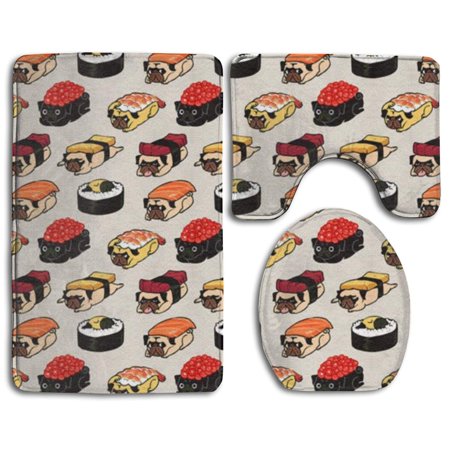 GOHAO Sushi Pugs 3 Piece Bathroom Rugs Set Bath Rug Contour Mat and Toilet Lid Cover