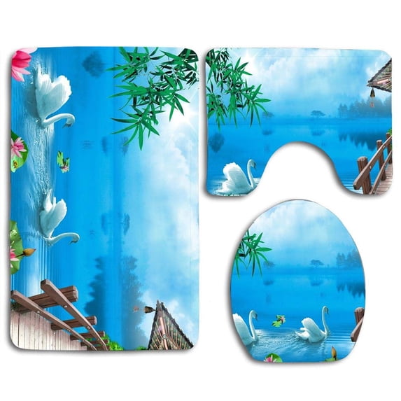 GOHAO Swan Lake 3 Piece Bathroom Rugs Set Bath Rug Contour Mat and Toilet Lid Cover
