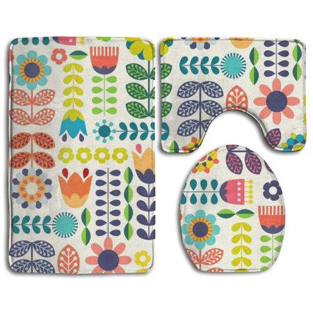 GOHAO Swedish Folk Art Colorway 3 Piece Bathroom Rugs Set Bath Rug Contour Mat and Toilet Lid Cover