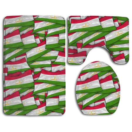 GOHAO Tajikistan Flag Wave Collage 3 Piece Bathroom Rugs Set Bath Rug Contour Mat and Toilet Lid Cover