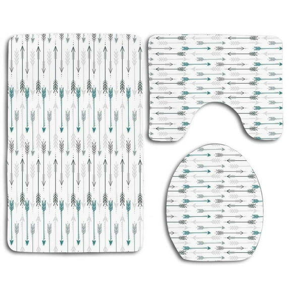 GOHAO Teal Retro Arrow in Horizontal Line Heading to Opposite Directions 3 Piece Bathroom Rugs Set Bath Rug Contour Mat and Toilet Lid Cover