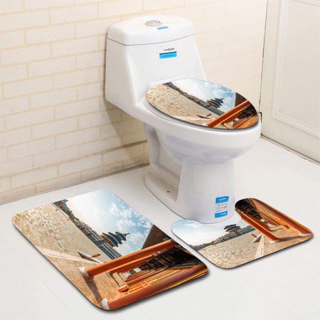 GOHAO Temple Heaven 3 Piece Bathroom Rugs Set Bath Rug Contour Mat and Toilet Lid Cover