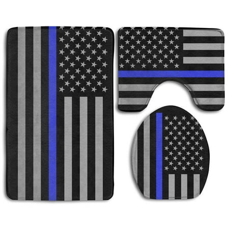 GOHAO Thin Blue Lineflag 3 Piece Bathroom Rugs Set Bath Rug Contour Mat and Toilet Lid Cover
