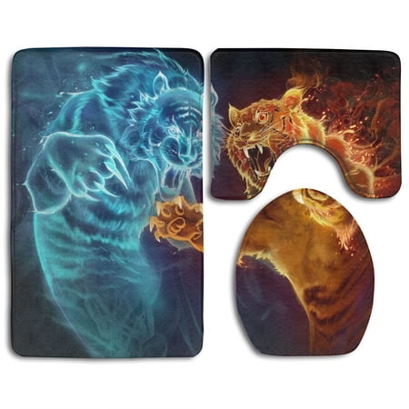 GOHAO Tiger Fights Fire 3 Piece Bathroom Rugs Set Bath Rug Contour Mat and Toilet Lid Cover