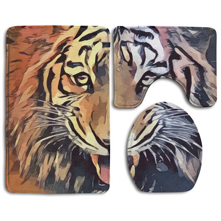 GOHAO Tiger Oil Pianting 3 Piece Bathroom Rugs Set Bath Rug Contour Mat and Toilet Lid Cover