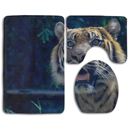 GOHAO Tiger Weird Face Cute 3 Piece Bathroom Rugs Set Bath Rug Contour Mat and Toilet Lid Cover