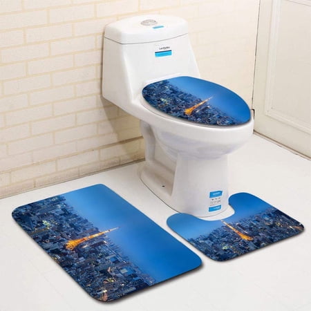 GOHAO Tokyo Tower 3 Piece Bathroom Rugs Set Bath Rug Contour Mat and Toilet Lid Cover