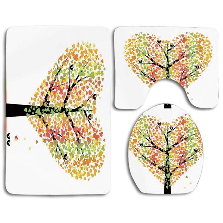 GOHAO Tree Life Heart Shaped Valentine Tree Kissing Love Birds Fairy Floral Leaf Nature 3 Piece Bathroom Rugs Set Bath Rug Contour Mat and Toilet Lid Cover
