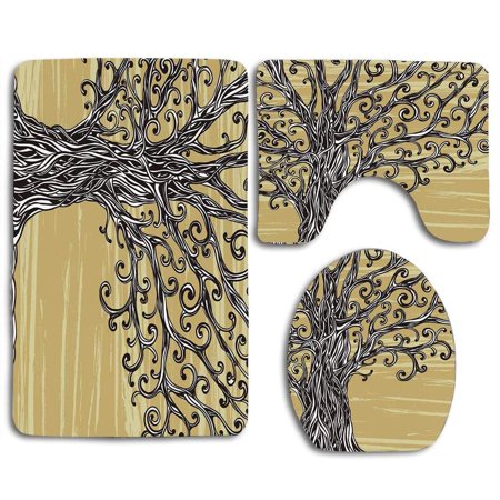 GOHAO Tree Life Swirled Twists Oak Branches Spiritual Nature Eco Sketchy 3 Piece Bathroom Rugs Set Bath Rug Contour Mat and Toilet Lid Cover