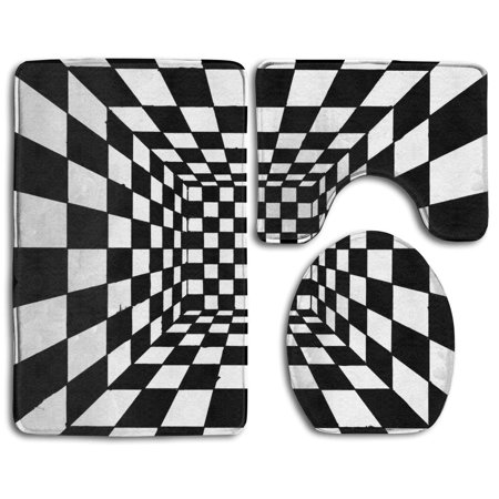 GOHAO Trippy Checkerboard 3 Piece Bathroom Rugs Set Bath Rug Contour Mat and Toilet Lid Cover