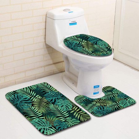 GOHAO Tropical Leaf in 3 Piece Bathroom Rugs Set Bath Rug Contour Mat and Toilet Lid Cover