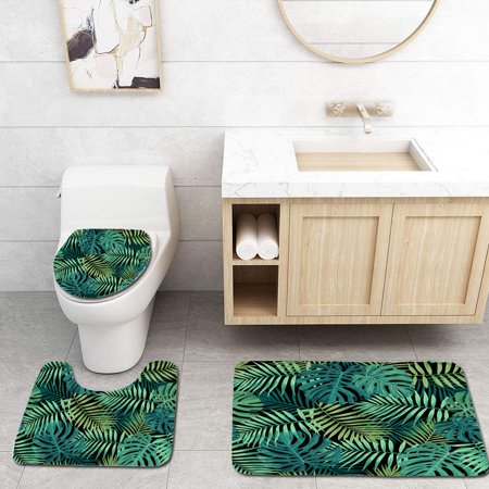GOHAO Tropical Leaf in Green 3 Piece Bathroom Rugs Set Bath Rug Contour Mat and Toilet Lid Cover
