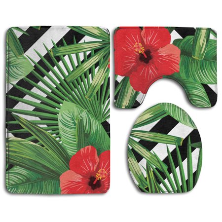 GOHAO Tropical Palm Leaves Hibiscus 3 Piece Bathroom Rugs Set Bath Rug Contour Mat and Toilet Lid Cover