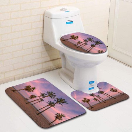 GOHAO Tropical Palm Trees on Beach 3 Piece Bathroom Rugs Set Bath Rug Contour Mat and Toilet Lid Cover