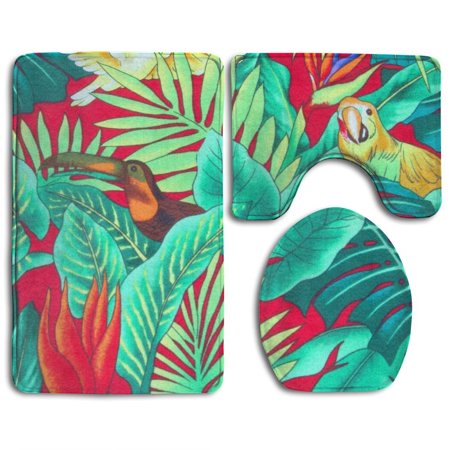 GOHAO Tropical Plants Flower 3 Piece Bathroom Rugs Set Bath Rug Contour Mat and Toilet Lid Cover