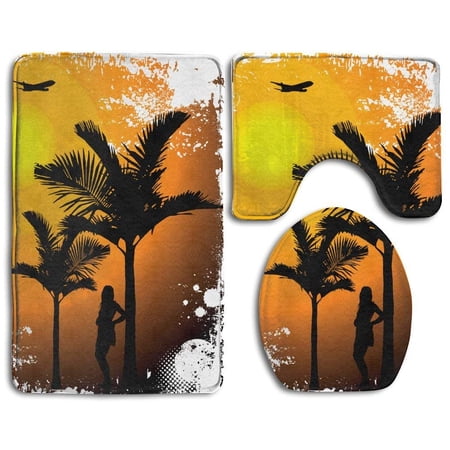 GOHAO Tropical Sunset Palm Trees1 3 Piece Bathroom Rugs Set Bath Rug Contour Mat and Toilet Lid Cover
