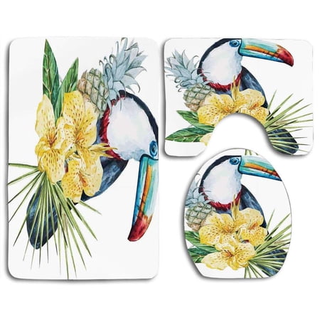 GOHAO Tropical Toucan Bird Exotic Hibiscus Orchids Flower Palm Plants Leaf 3 Piece Bathroom Rugs Set Bath Rug Contour Mat and Toilet Lid Cover