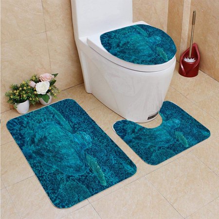 GOHAO Turtle Hidden in Coral 3 Piece Bathroom Rugs Set Bath Rug Contour Mat and Toilet Lid Cover