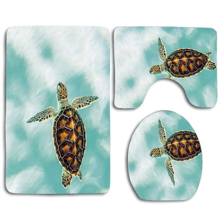 GOHAO Turtle cute Baby Turtle Swimming in Abstract Waters Serene Nature seafoam Brown Light Coffee 3 Piece Bathroom Rugs Set Bath Rug Contour Mat and Toilet Lid Cover