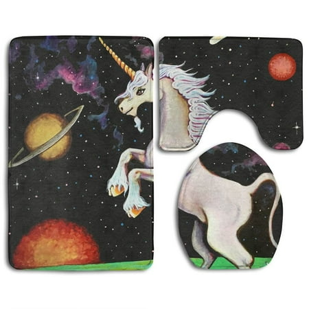 GOHAO Unicorn Art 3 Piece Bathroom Rugs Set Bath Rug Contour Mat and Toilet Lid Cover