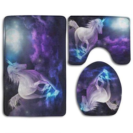 GOHAO Unicorn Galloping 3 Piece Bathroom Rugs Set Bath Rug Contour Mat and Toilet Lid Cover