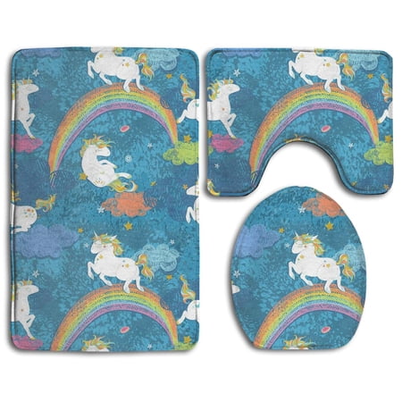 GOHAO Unicorn in Blue 3 Piece Bathroom Rugs Set Bath Rug Contour Mat and Toilet Lid Cover