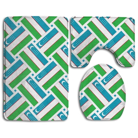 GOHAO Uzbekistan Flag Weave 3 Piece Bathroom Rugs Set Bath Rug Contour Mat and Toilet Lid Cover
