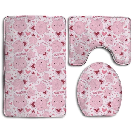 GOHAO Valentine Piggy 3 Piece Bathroom Rugs Set Bath Rug Contour Mat and Toilet Lid Cover
