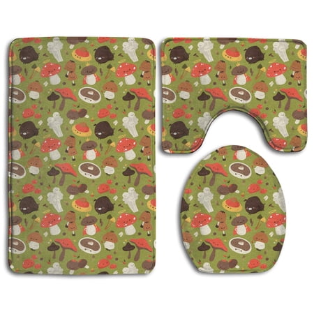 GOHAO Various Cute Mushrooms 3 Piece Bathroom Rugs Set Bath Rug Contour Mat and Toilet Lid Cover