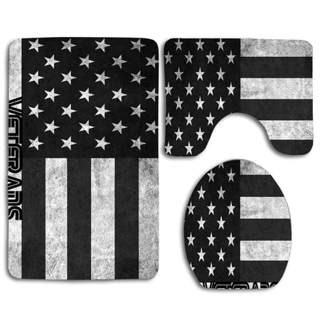 GOHAO Veterans Day Black White America USA Flag 3 Piece Bathroom Rugs Set Bath Rug Contour Mat and Toilet Lid Cover